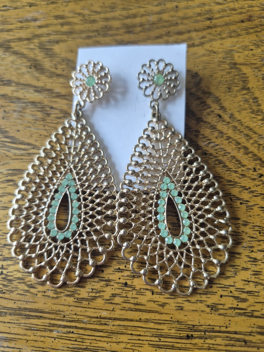 Delicate Gold-Tone Filigree Teardrop Earrings with Mint Green Stones
